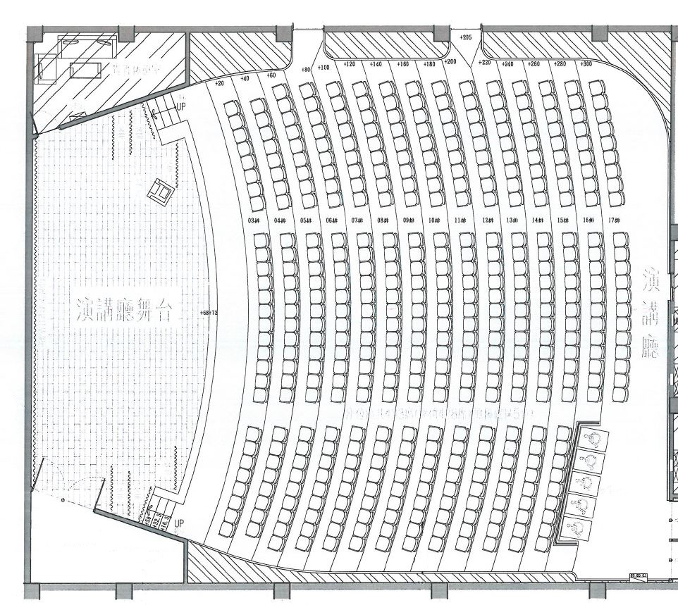臺中市文化局(演講廳)座位表，共395個座位、5個無障礙座位區